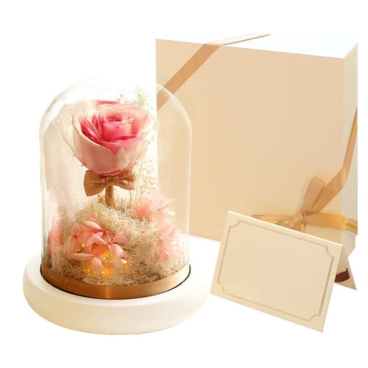 single immortal rose head in glass dome with other decoration flower for any special day.