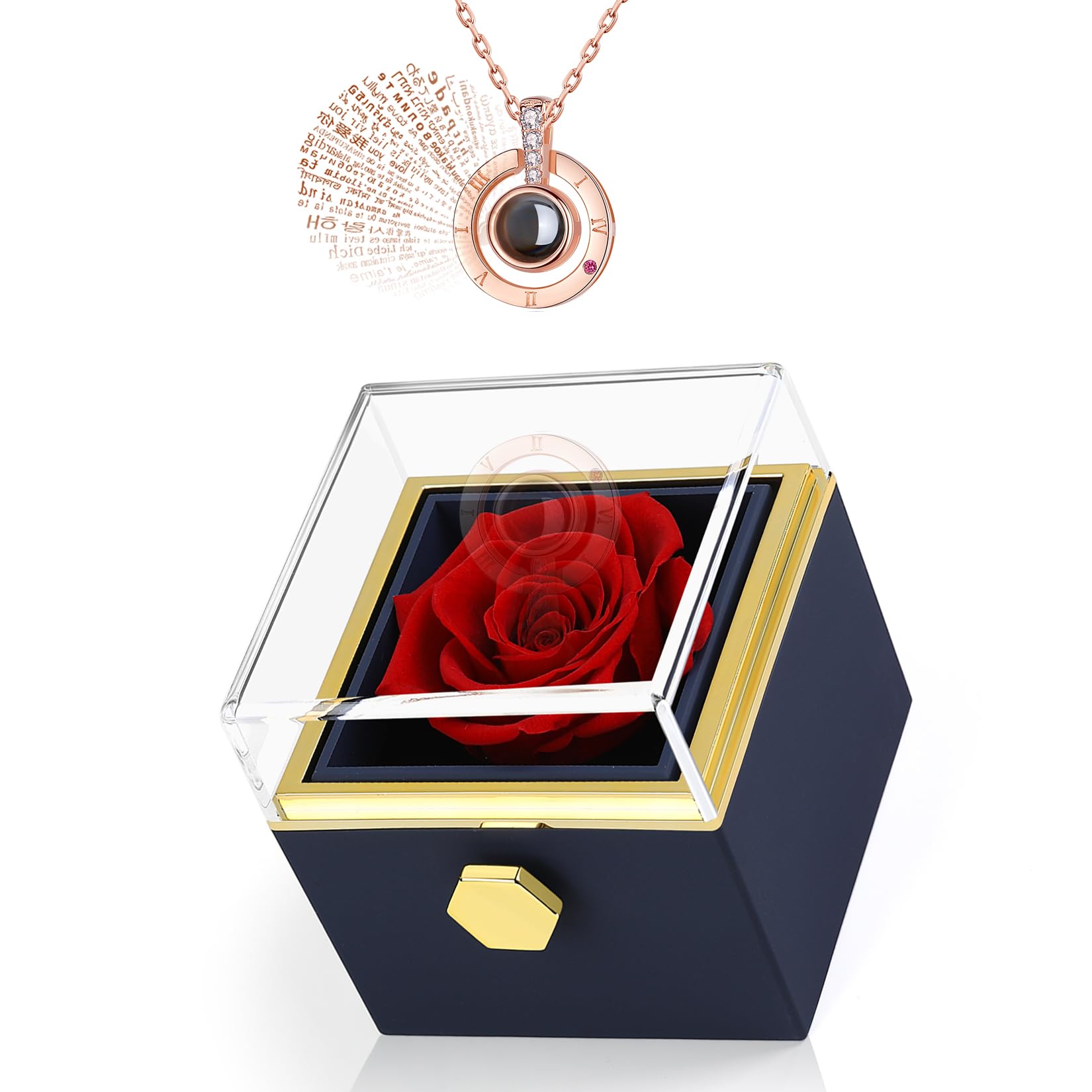 Eternally Preserved Rotating Rose Box with necklace