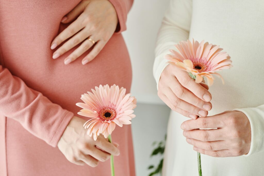 Pregnant woman gently holding a pink daisy, conveying warmth and care.