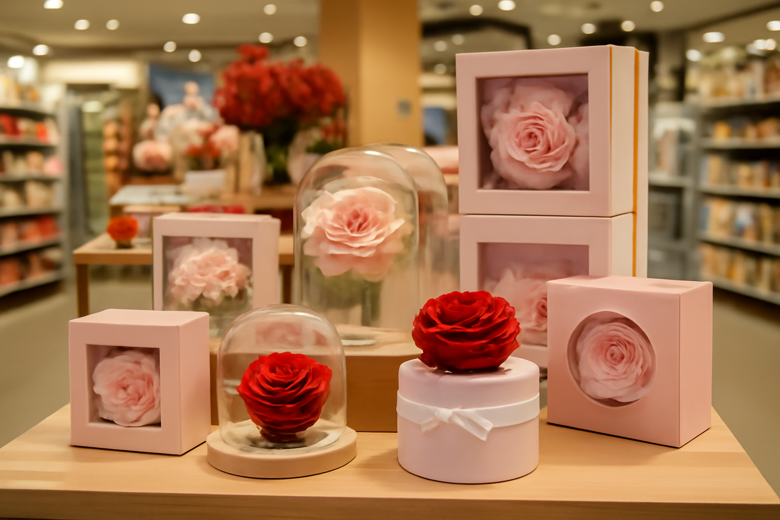 Supermarket seasonal display with preserved flower gift section by Sweetie-Gifts